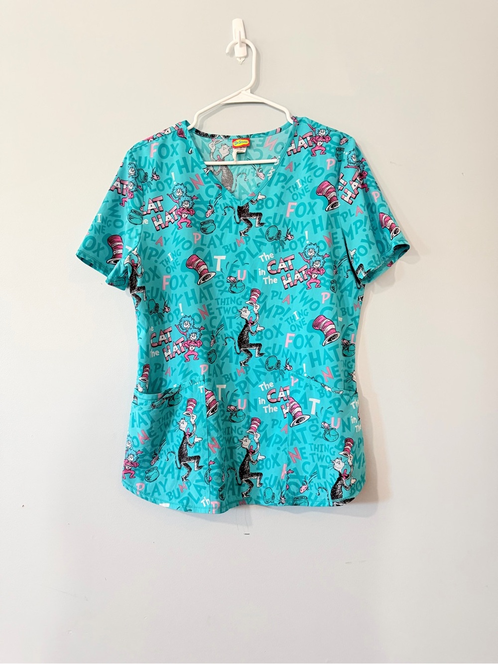 Dr. Seuss Cat in the Hat Turquoise Short Sleeve Scrub Top